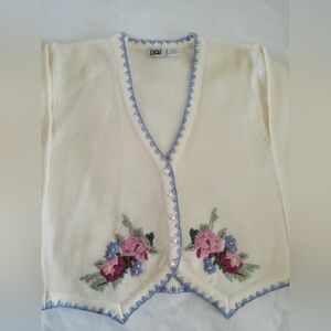 VTG Lucia Womens Acrylic V- Cardigan, Ivory, Blue Trim, Embroidered. Size Med
